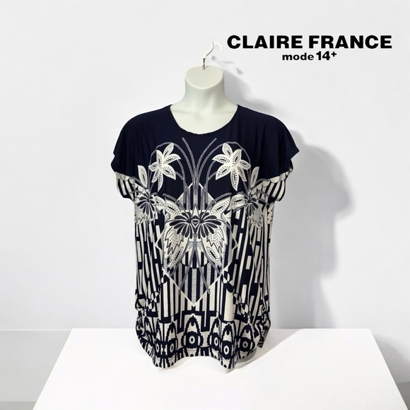 Claire France, Plus Size Navy & White Stretch Blouse, Size 1X - Picture 1 of 8